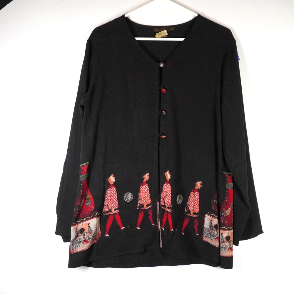 VTG Harari Silk Jacket L Black Red Chinoiserie Art to Wear Tunic Toggle Button